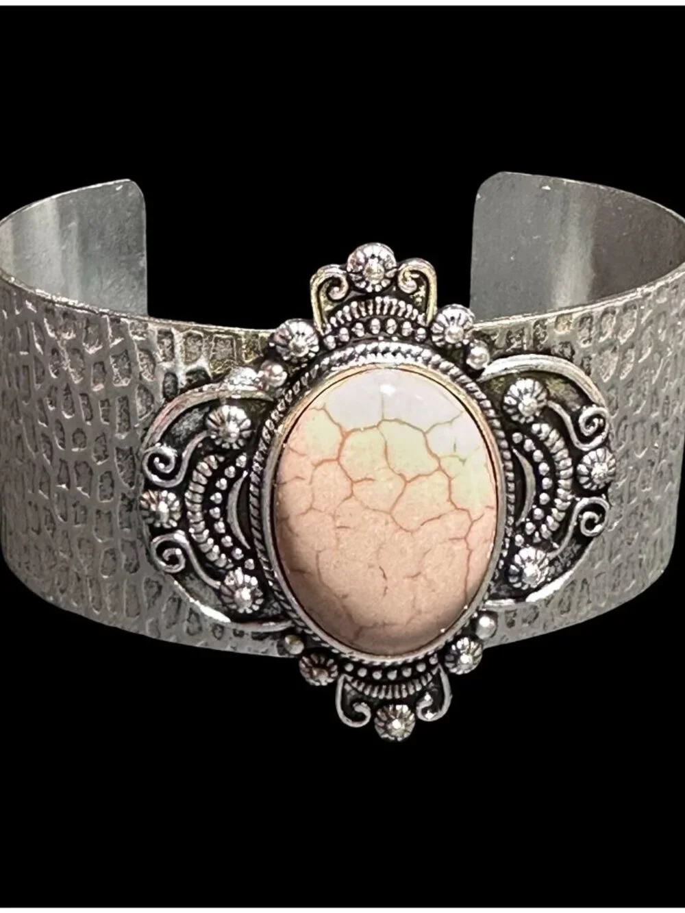 Ornate Cuff Bracelet Silver Tone Cream Stone Center Womens Costume Jewelry NWOT